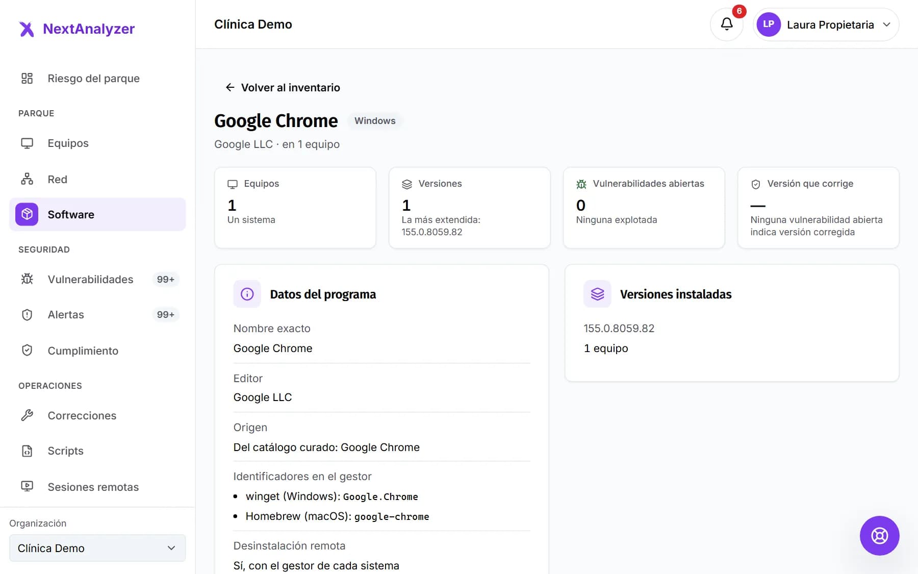Ficha de un programa con sus equipos, versiones, vulnerabilidades abiertas y datos del programa.