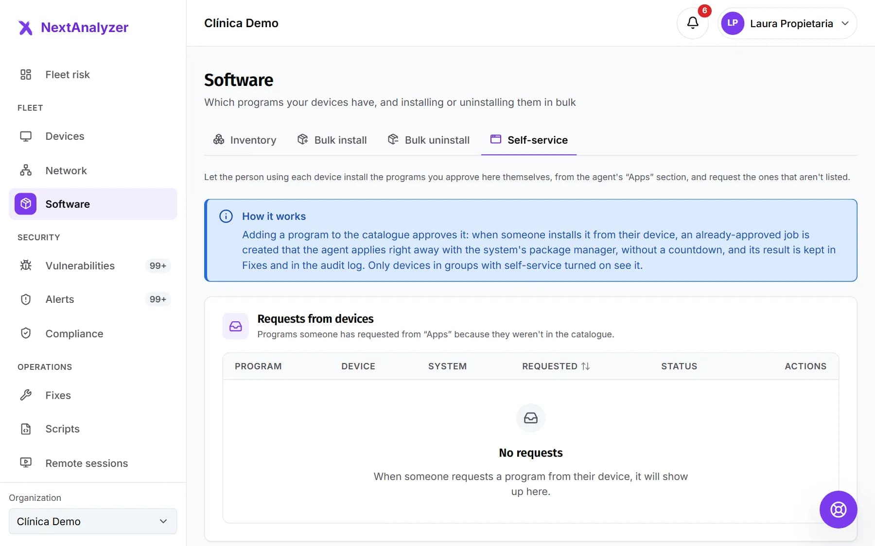 Self-service tab with the explanation of how it works and the requests from devices.