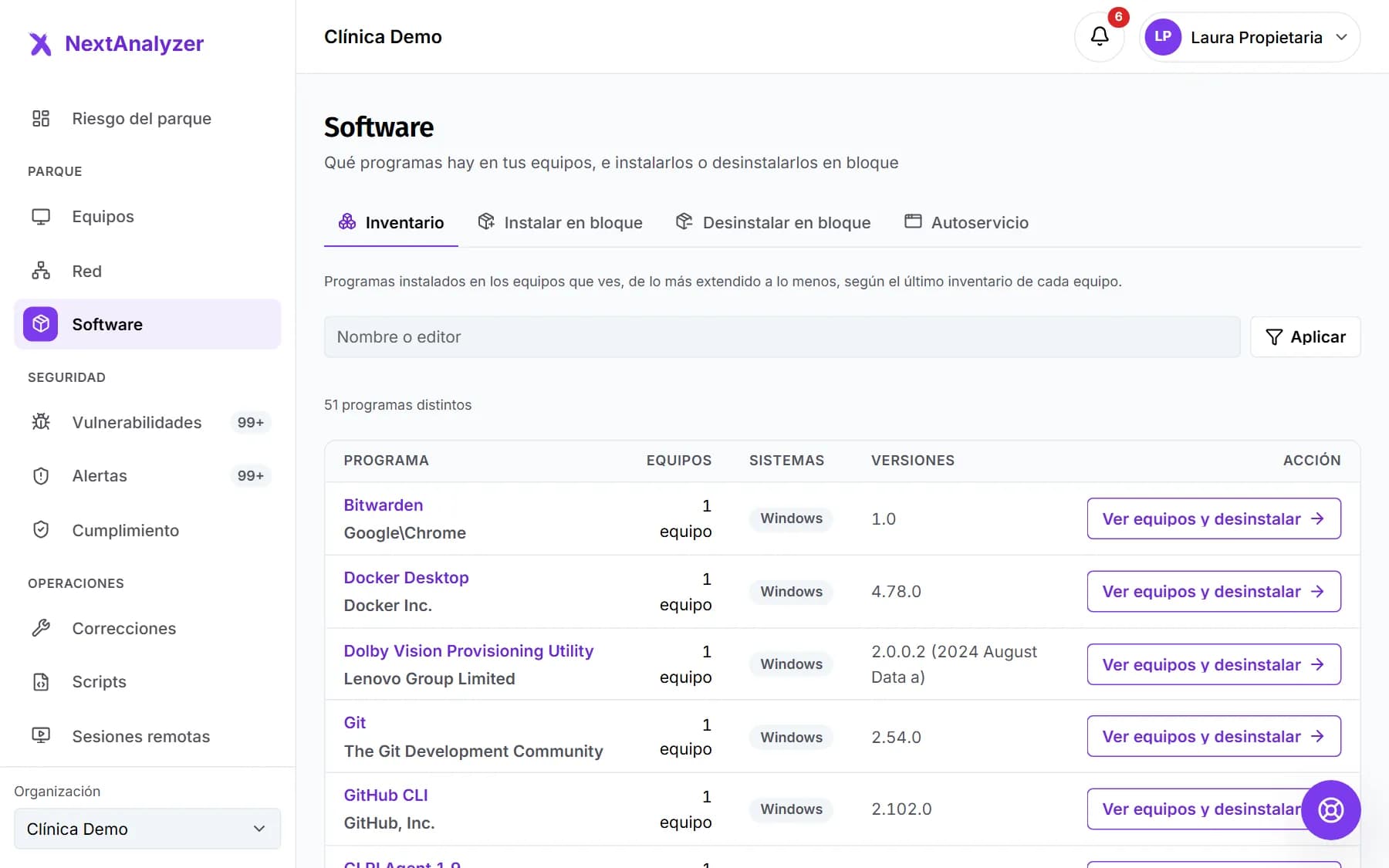 Inventario de software con cada programa, sus equipos, sus sistemas y sus versiones.