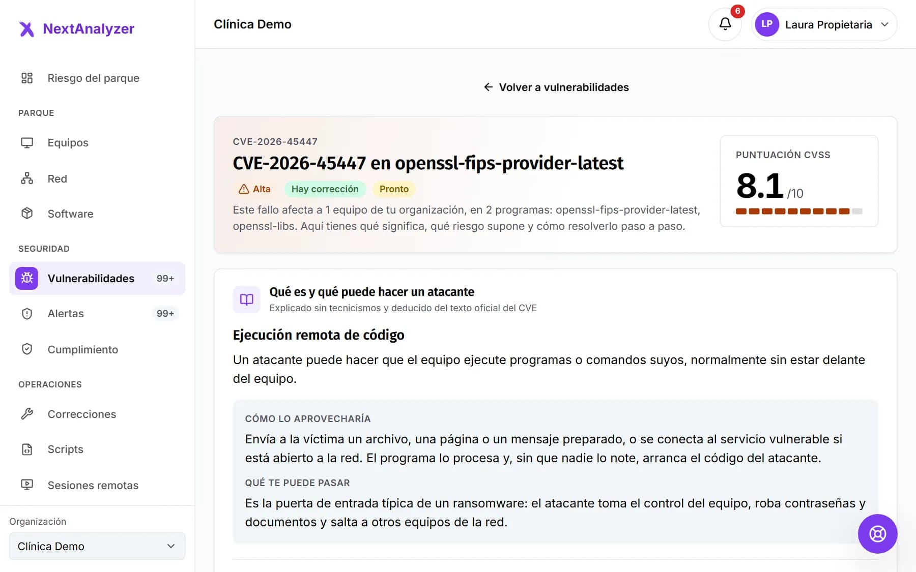 Ficha de un CVE con su explicación, gravedad y equipos afectados.