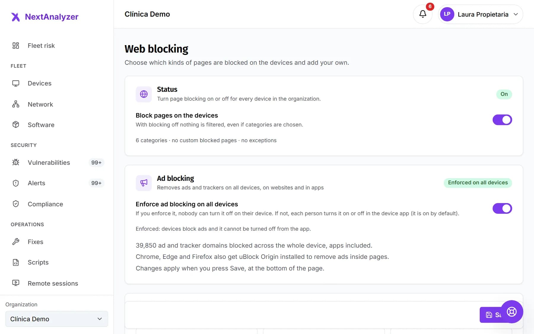 Web blocking page with the status switch and the summary.